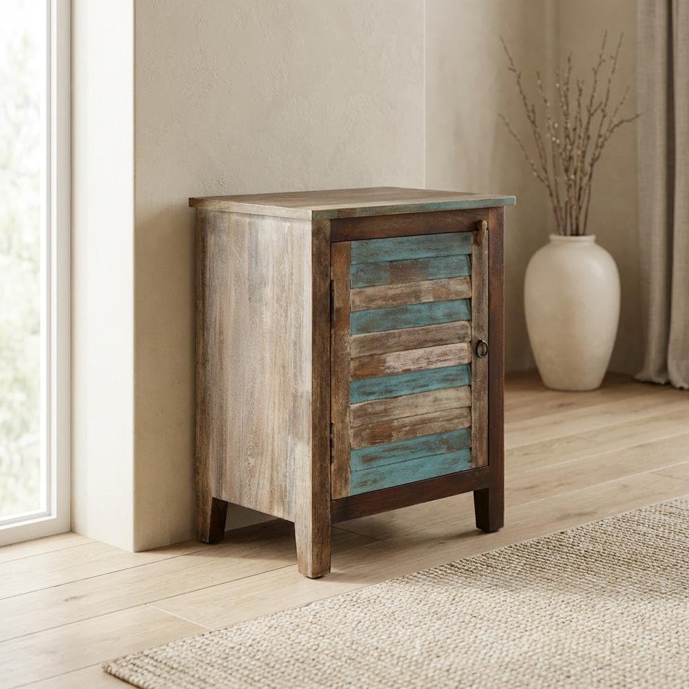Coastal Mango Wood Storage Cabinet, Distressed Finish Accent Chest with Iron Hardware, Living Room Furniture
