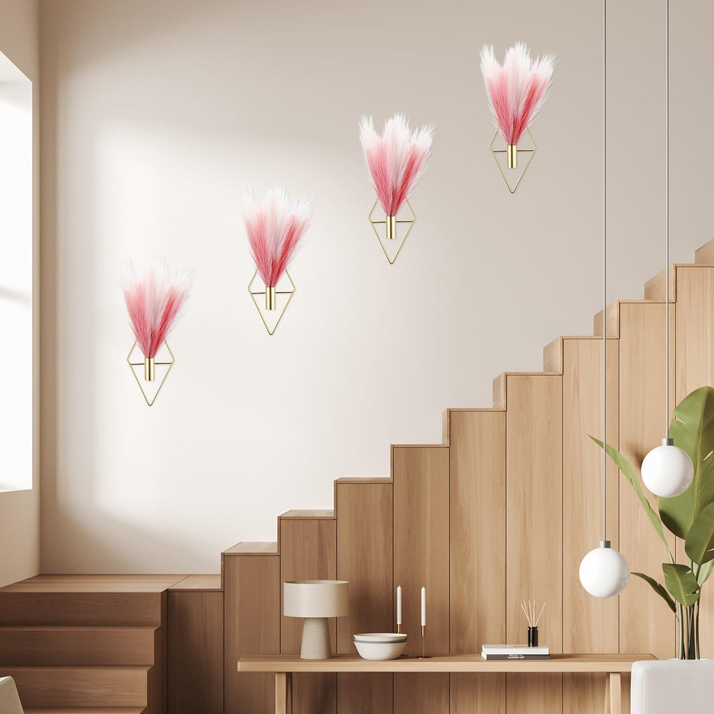 4 Sets Boho Wall Decor Metal Wall Art Hanging Planters with Pampas