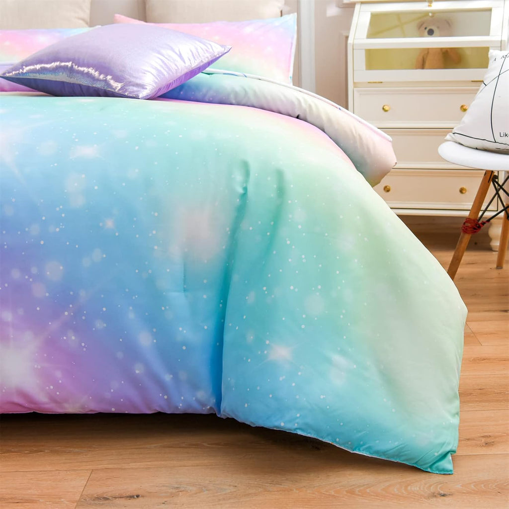 6Pcs Gradient Glitter Bedding Set for Girls Full, Colorful Rainbow Galaxy Comforter Set, Ultra Soft Bedding Sets, Pink