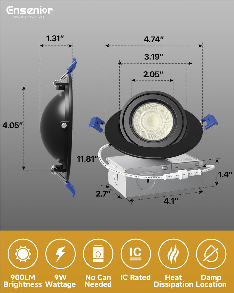 4 Pack 4 Inch Black LED Eyeball Gimbal Recessed Light, 5CCT