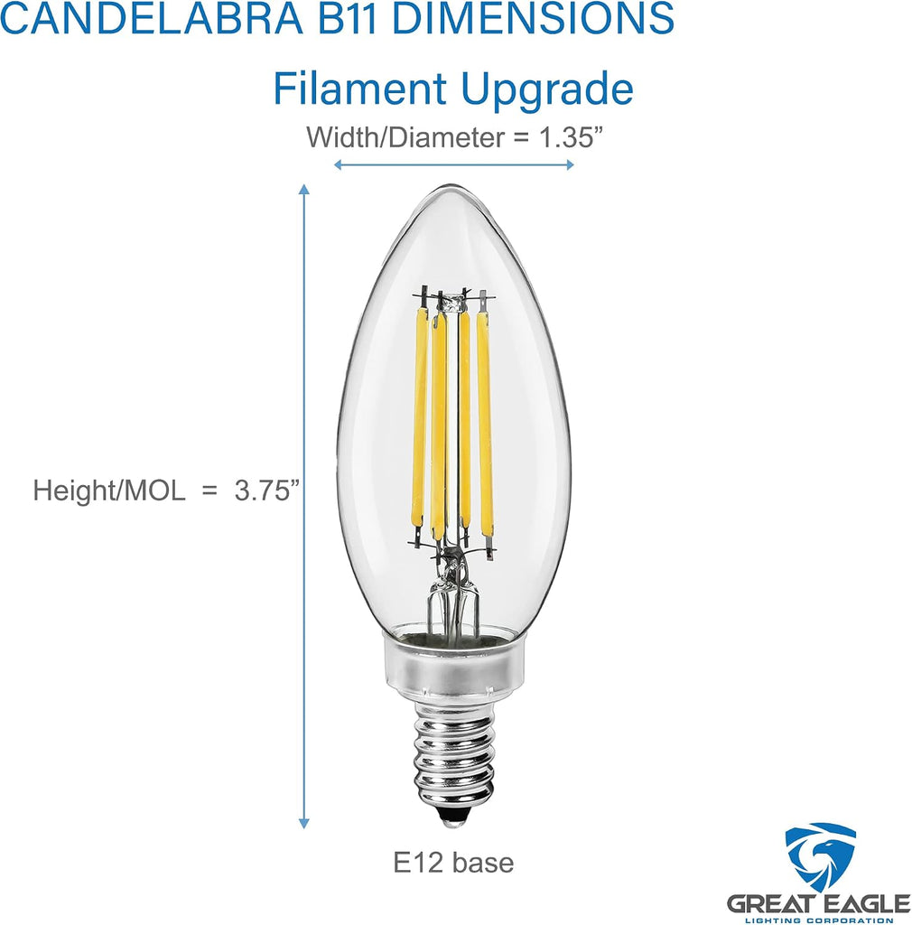 Candelabra B11 LED 4000K Cool White Light Bulbs 60W 500 Lumens, Dimmable, Filament E12 Candle, UL Listed (6 Pack)