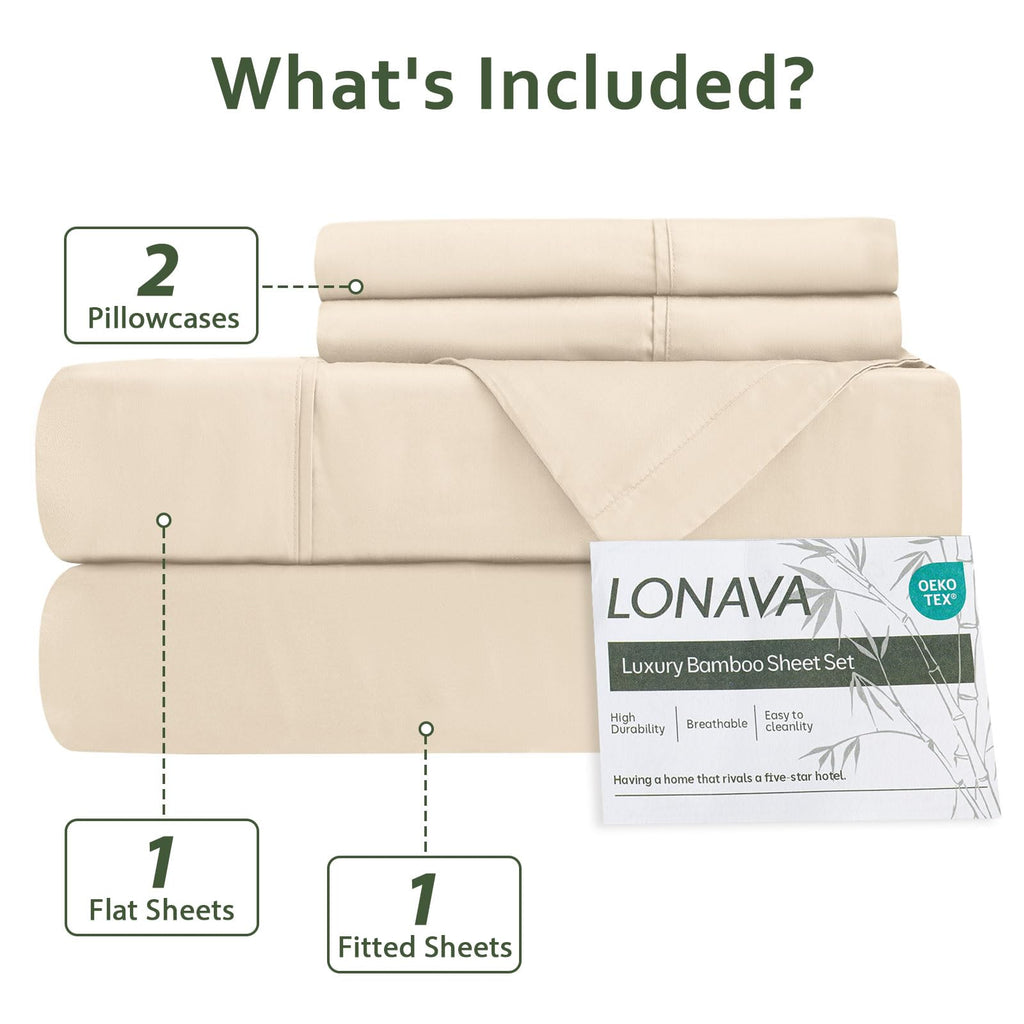 100% Viscose Derived from Bamboo King Sheet Set Beige, 4 Pieces Soft Cooling Bedding with Deep Pocket UP to 16"