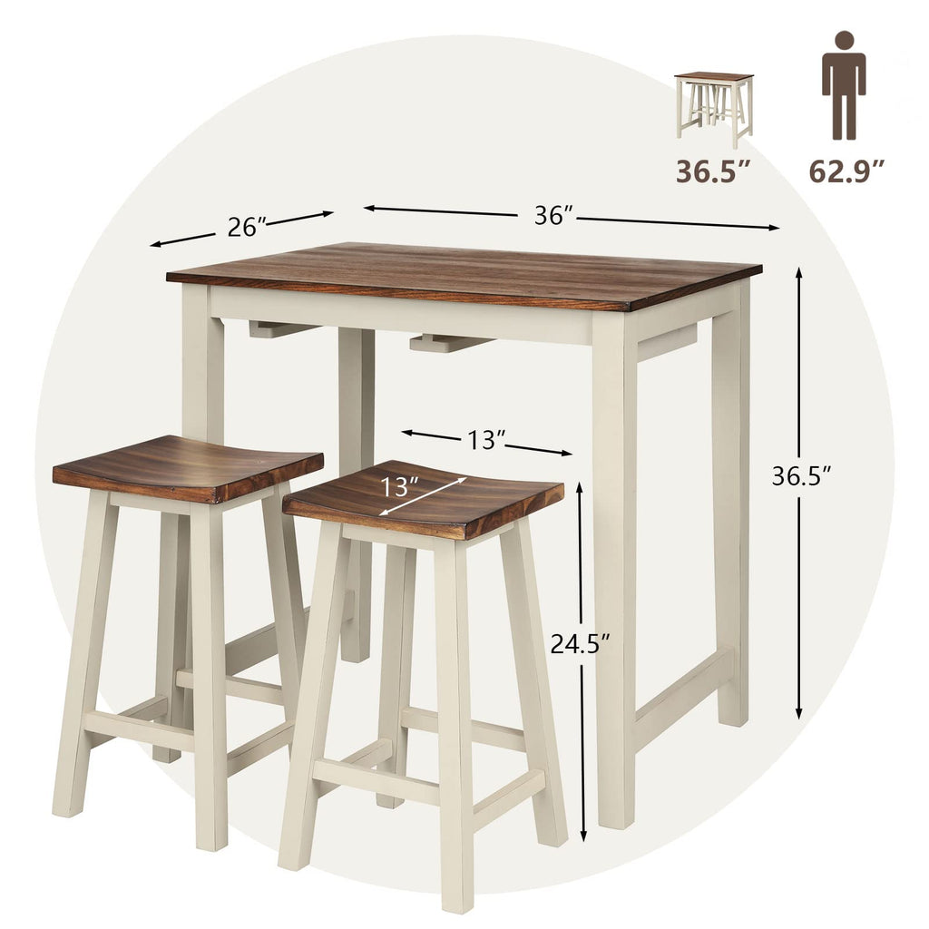 3 Pieces Dining Set, Counter Height Pub Table with 2 Saddle Stools
