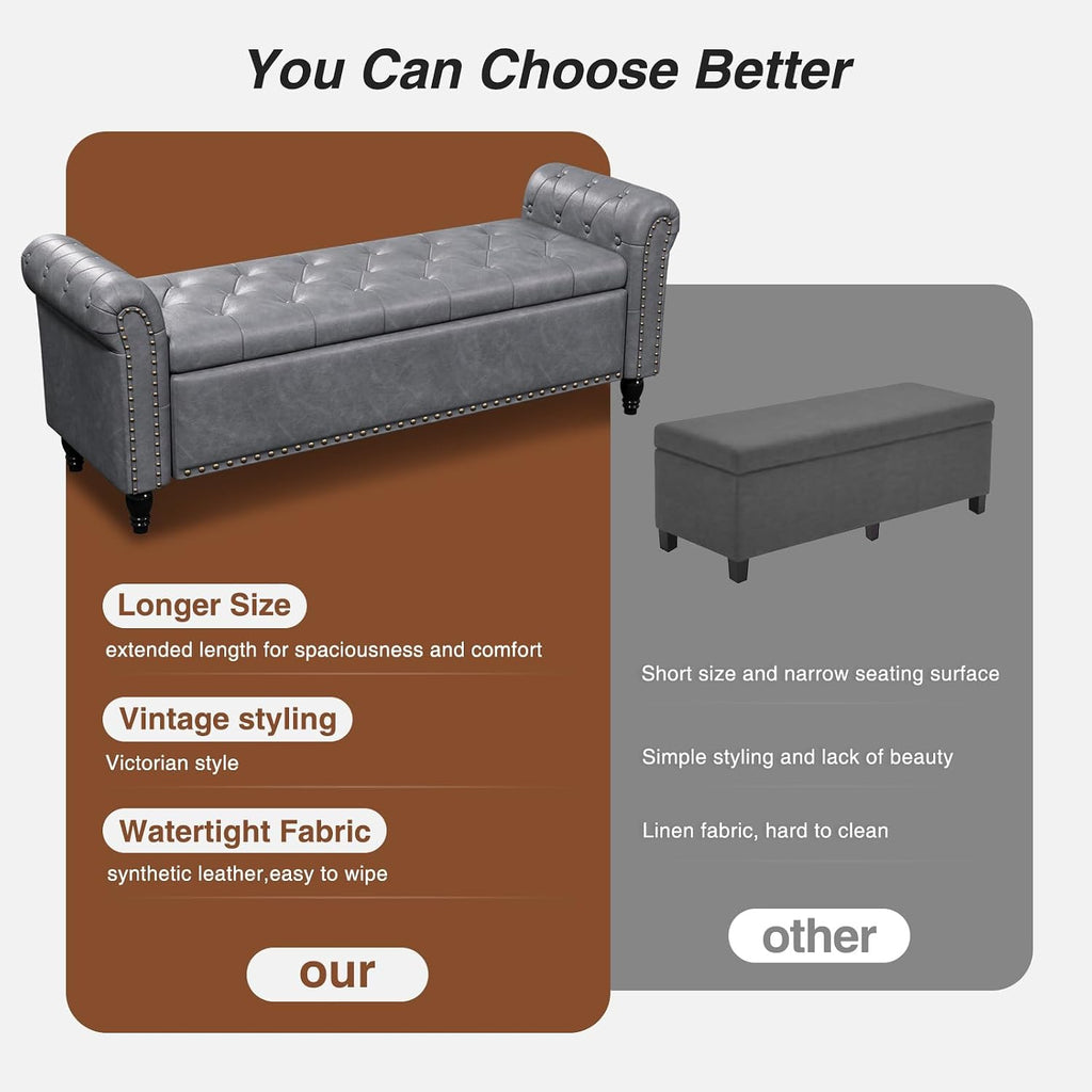 55 Inch Bedroom Bench, End of Bed Bench with Storage, Grey | Bed Benches for Foot of Bed, Faux Leather Window Bench