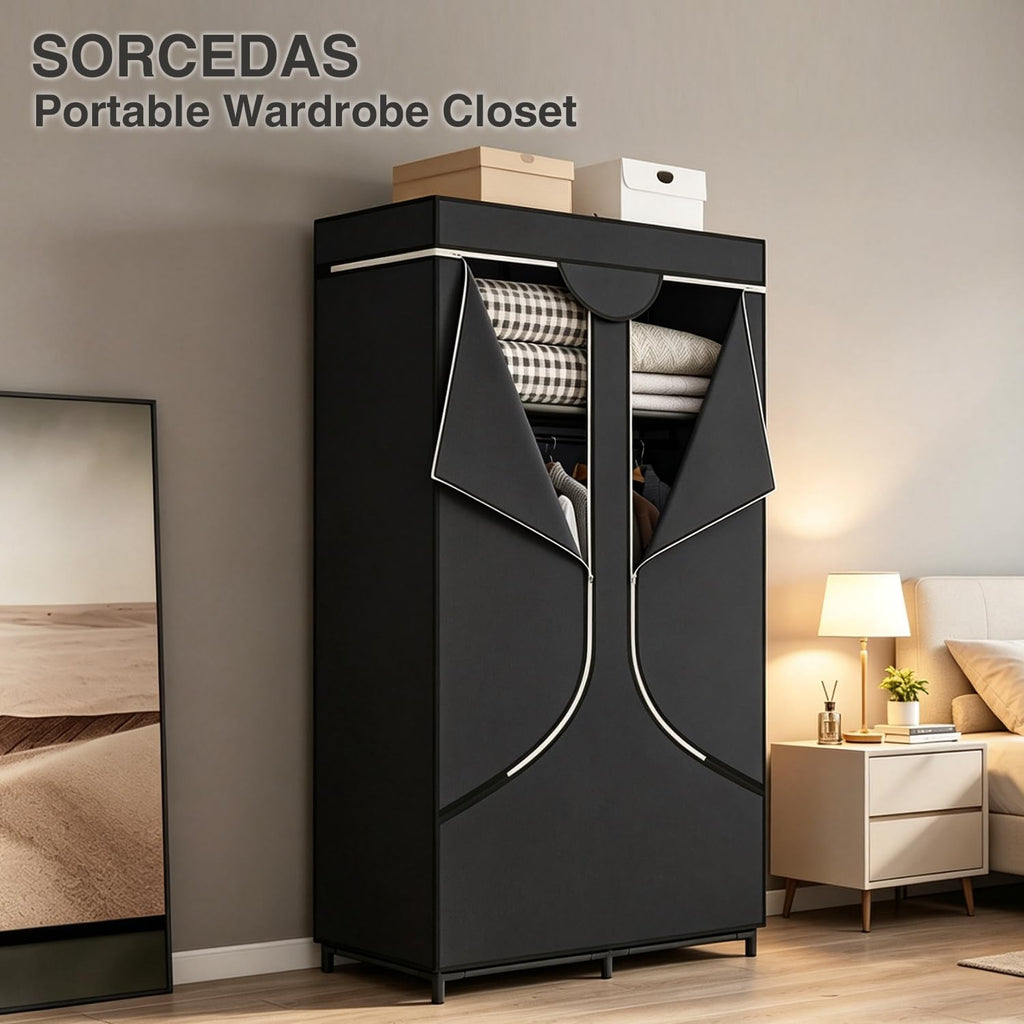 Wardrobe Closet with Hanging Rods and Shelves for Clothes Storage