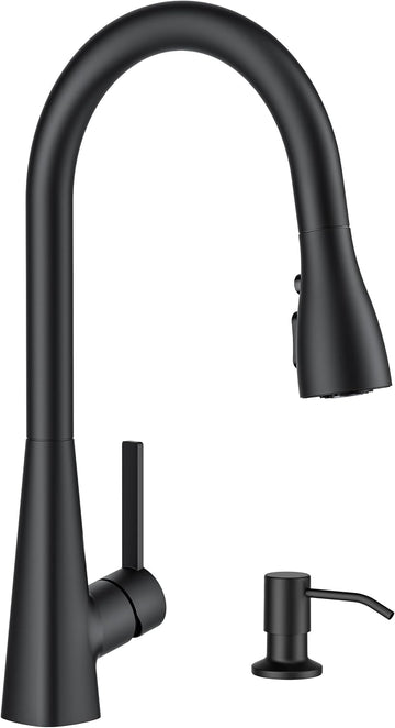Kitchen Faucet with Soap Dispenser, 4-Function Pull Down Sprayer | Lead-Free, Modern Black, High Arc Stainless Steel