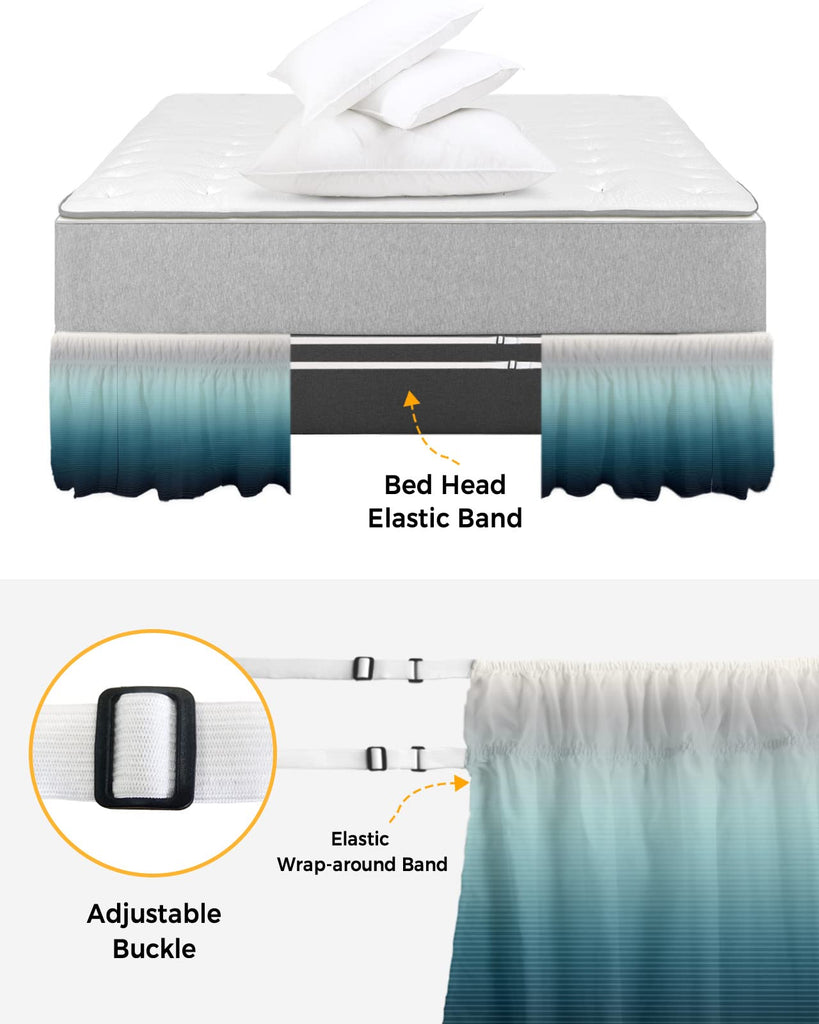 Gradient Turquoise Bed Skirt Queen Size 18 Inch Drop, Adjustable & Elastic Wrap Around Bed Skirts Pleated Luxury Dust