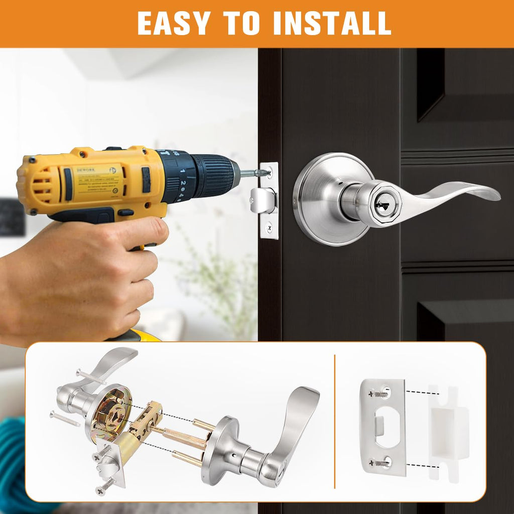 Keyed Alike Brushed Nickel Door Handle, Wave Style Entry Door Handles, Door Levers Lockset for Interior and Exterior