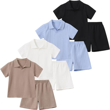 Boys Short Sets Textured Short Sleeve Tshirts Tops and Shorts Summer Outfits Fashion Casual Matching Clothes 8 Pieces