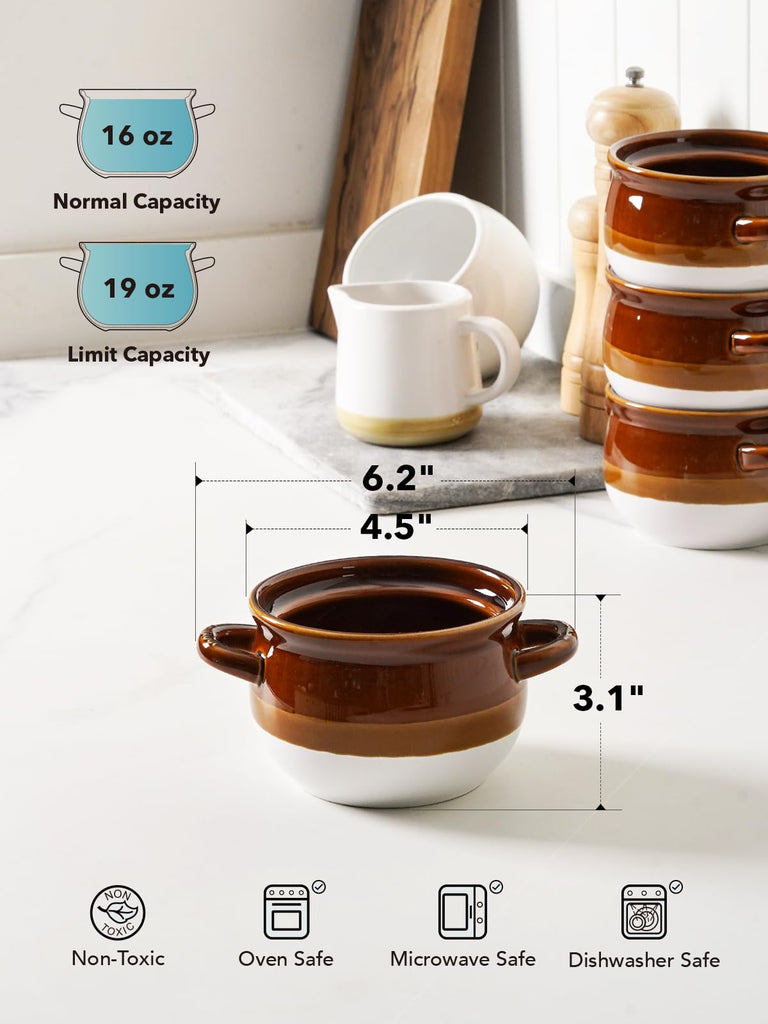 Ceramic French Onion Soup Bowls with Handles, 16 oz, Set of 4