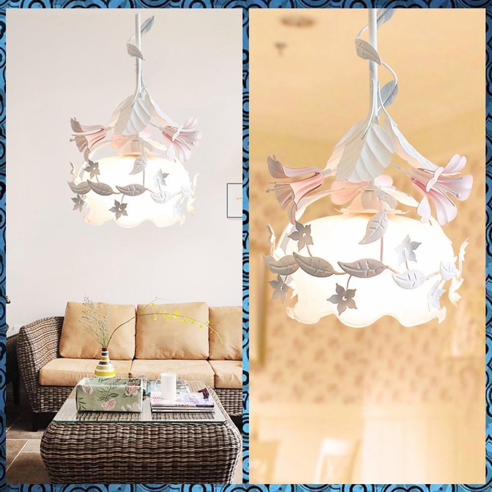 White Wrought Iron Floral Pendant Chandelier with Pink Lily Flowers & Frosted Glass Shade, 8.7" W