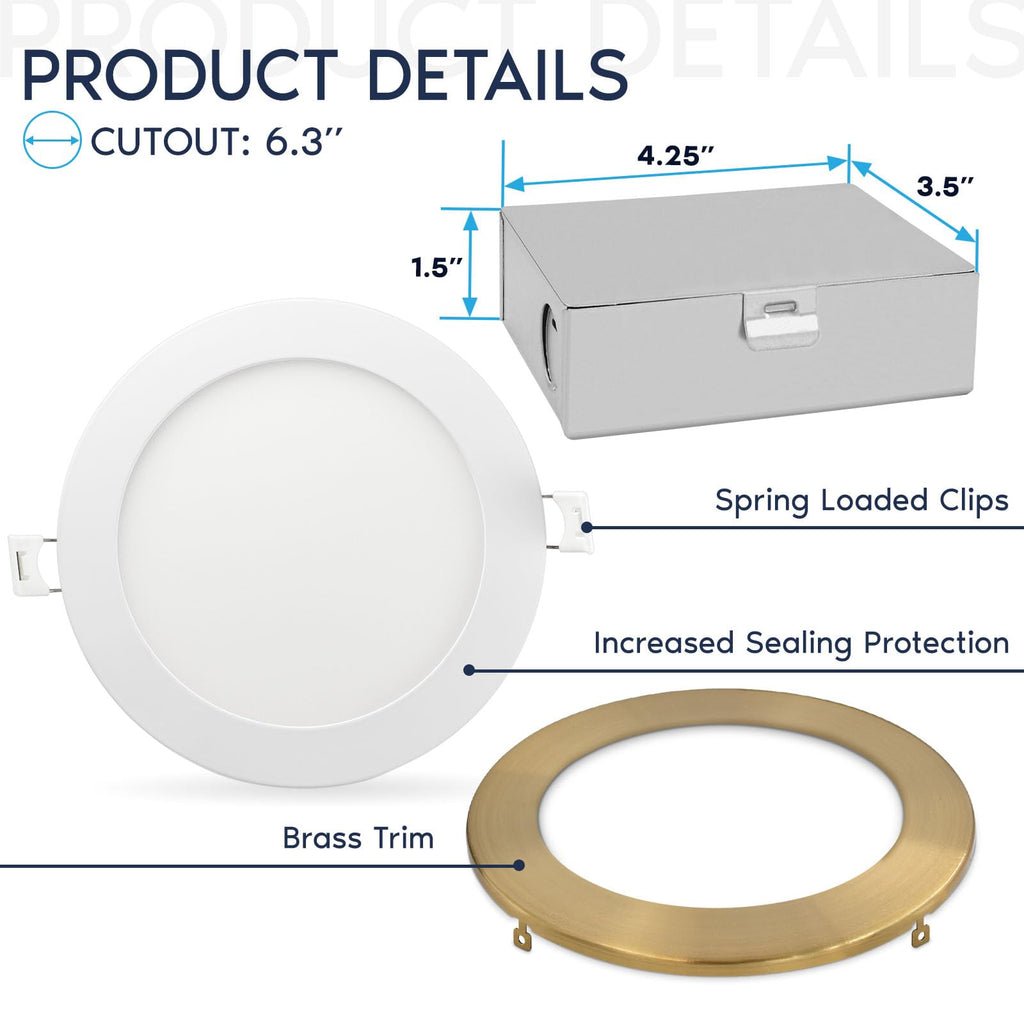 6 Inch Ultra Thin LED Recessed Light with J-Box, Brass Trim, 4 Pack
