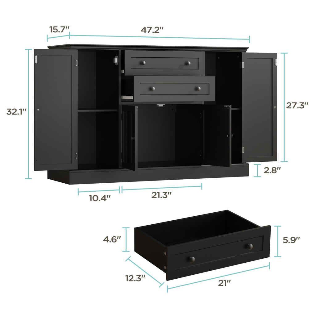 Farmhouse 47" Buffet Cabinet with Storage, Large Sideboard Buffet with Drawers and Adjustable Shelves, Rusitc Coffee