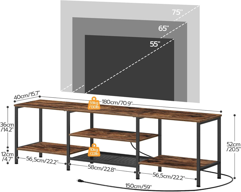 TV Stand with Power Outlets to 75 Inches, TV Console Table with Open Storage Shelves Cabinet, Industrial Media