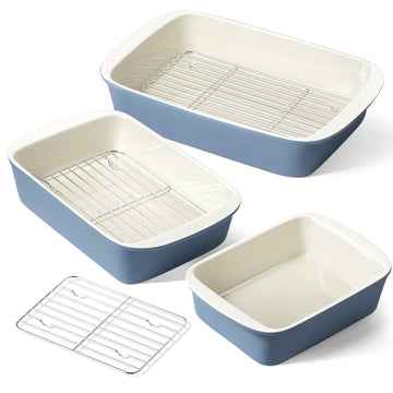Ceramic Casserole Dishes for Oven with 304 Racks, Set of 3, Blue