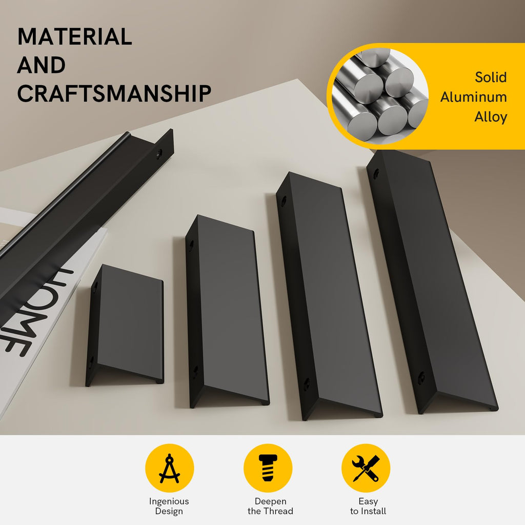 Drawer Handles Black Cabinet Pulls 3-3/4 inch 10 Pack, Finger Pulls for Cabinet Edge Pulls, Aluminum Alloy Hardware