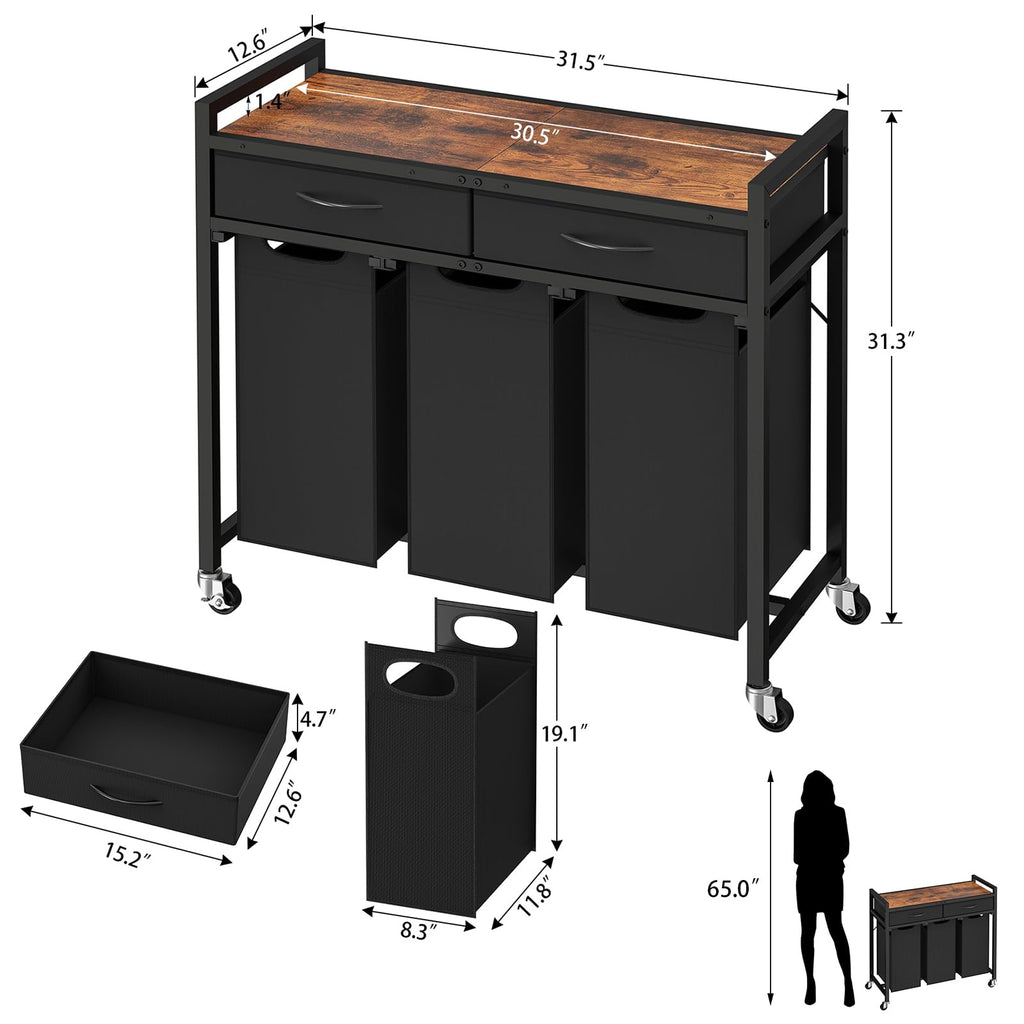 Sorter 3 Section, 120 L Laundry Hamper with 2 Drawers & 2-tone Top Panel, Rolling Laundry Basket Organizer with
