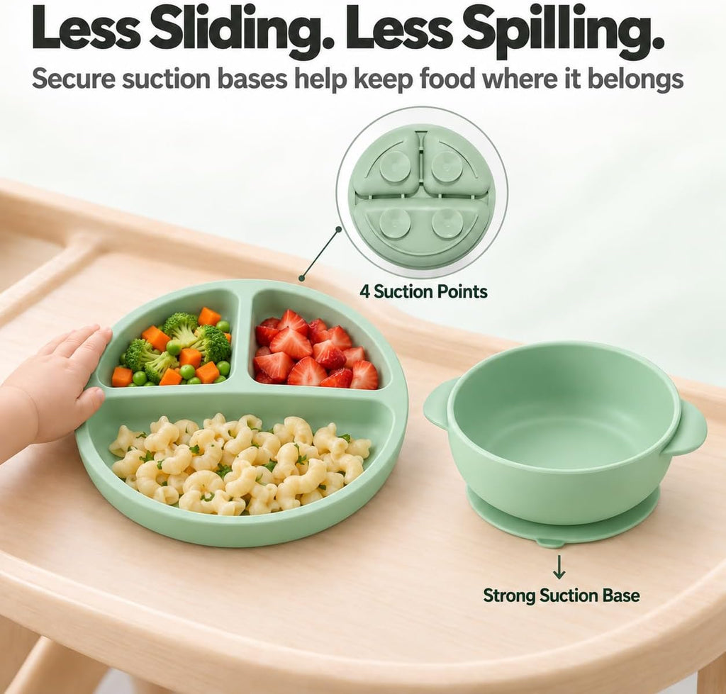 Silicone Baby Feeding Set, 6-12 Months, Bib Plate Bowl Cup Spoon