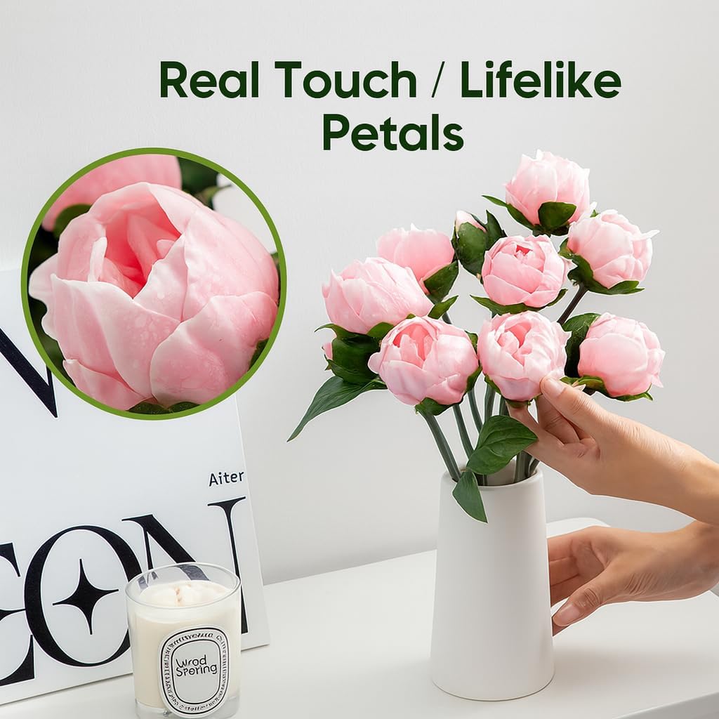 Artificial Peony Flowers 14 Inch Blush Pink Real Touch Faux Peonies (6 Flowers, 2 Buds) Decor, Table & Entryway - Set of 6