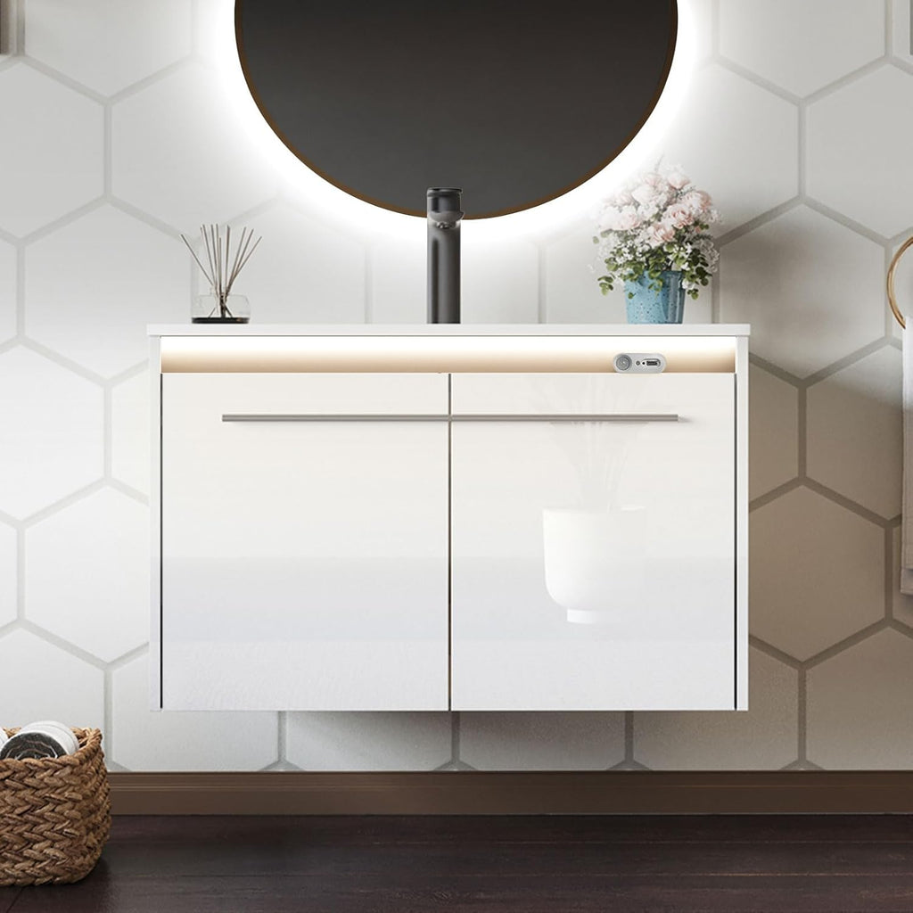 31" LED Floating Bathroom Vanity with Sink - Wall Mounted Modern Vanity with LED Lighting