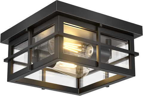 Modern Outdoor Ceiling Light Fixtures, 2-Light Black Flush Mount Light Fixtures with Clear Glass Shade