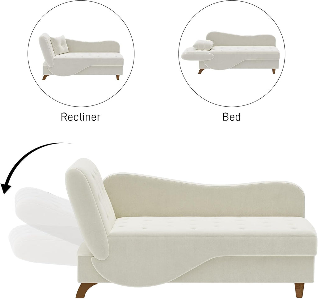 Indoor Velvet Chaise Lounge Chair with Storage , Beige White | Reading chair chaise sleeper sofa bed with pillow, 3
