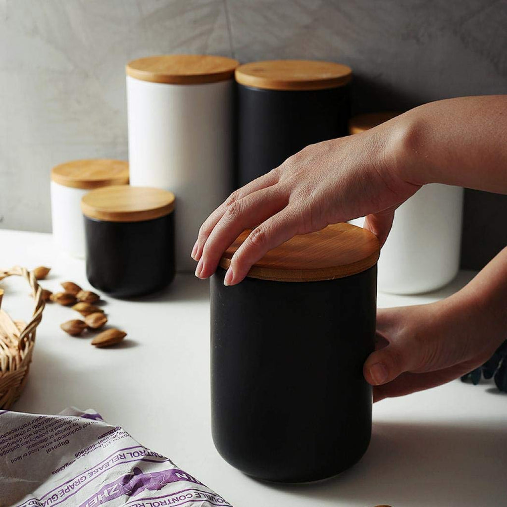 Food Storage Containers Ceramic Kitchen Canister Tea Caddy Favor Jars with Sealed Bamboo Lids Airtight Rubber Gasket