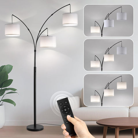 Floor lamp with Remote, 3 Light Arc Floor Lamps, 2400LM Tall Standing Floor Lamps with White Shades