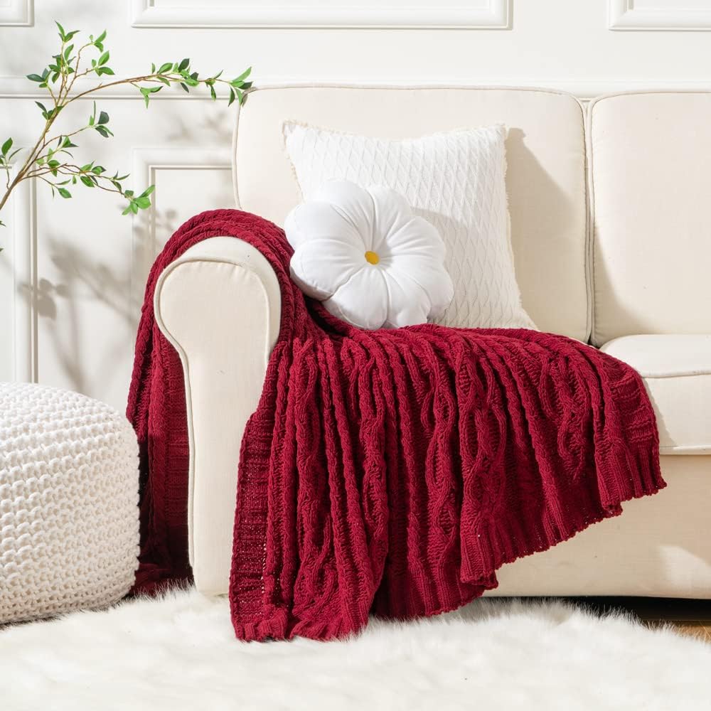 Christmas Dark Red Throw Blanket for Couch, Bed, Sofa, 51"x67", Woven Chenille Knit Throw Blankets, Gift Blanket