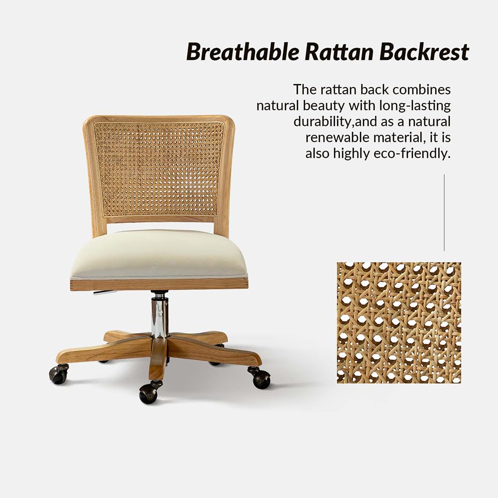 Rattan Office Desk Chair with Wicker Back & Wheels, Beige