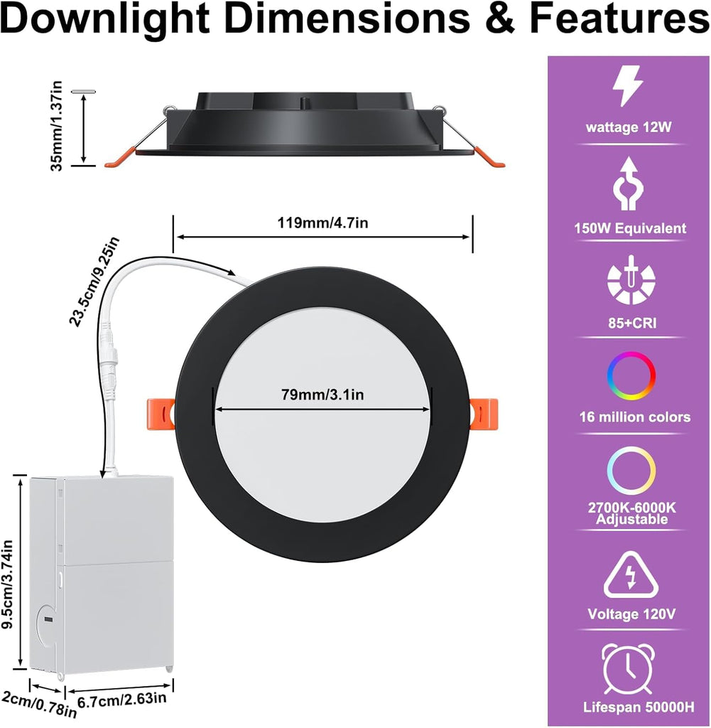 Smart Recessed Lighting 4 Inch RGBCW Color Changing 12W Black Recessed Ceiling Light with Junction Box,1080LM Canless
