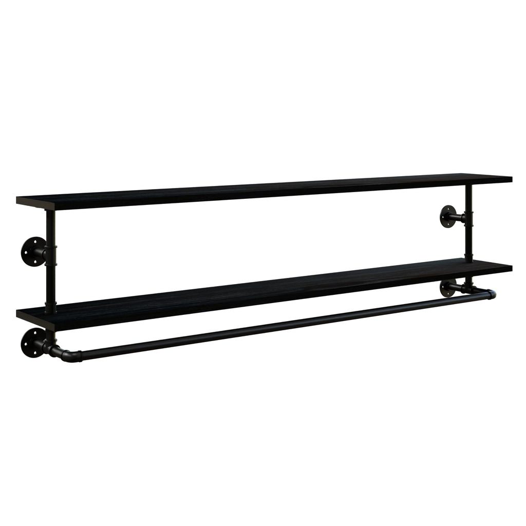 Black Clothes Rack 60in, 2-Tier Wall Mounted Garment Rack with Real Wood Shelf, Heavy Duty Hanging Clothes Rack