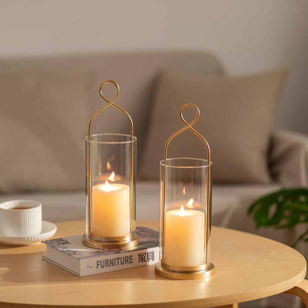 Gold Candle Sconces Set of 2, with Hurricane Glass