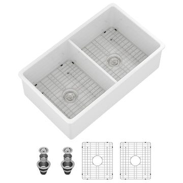 32 Inch White Undermount Kitchen Sink- Fireclay Porcelain Double Bowl Basin 50/50 Divide Dual Mount Ceramic Under