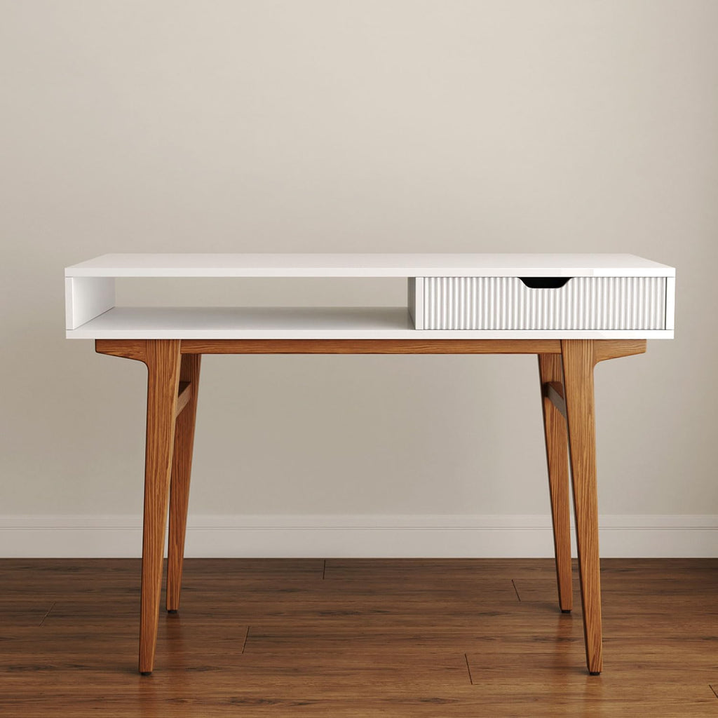 White Computer Desk with Drawers - 45 inch Minimalist Small Solid Wood Mid-Century Modern Office Desk - Boho Style