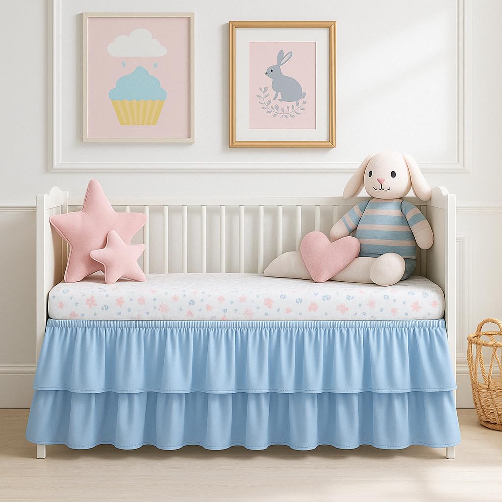 Crib Skirt Multi Ruffle, Dust Ruffle Adjustable Fit Standard Crib Nursery Mini Crib Toddler Breathable Skirt for Baby