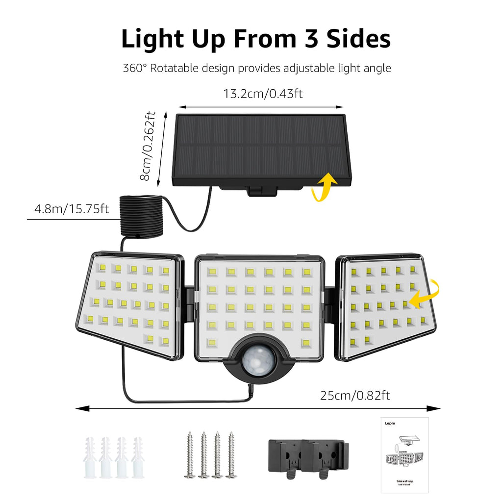 Solar Lights for Outside, Motion Activated Security Lights, Separate Solar Panel, 3 Adjustable Head 270° Wide