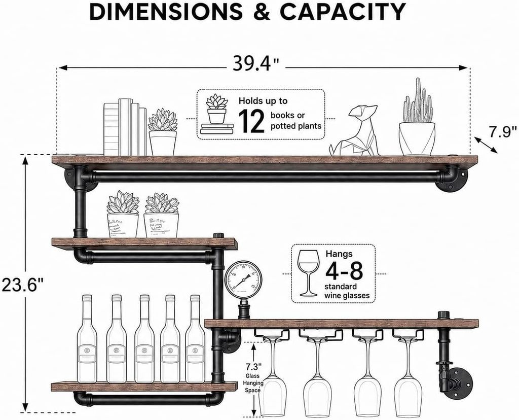 Bar Liquor Shelves, Industrial Pipe Shelving Wine Rack Wall Mounted with 4 Stem Glass Holder, Rustic Floating Pipe