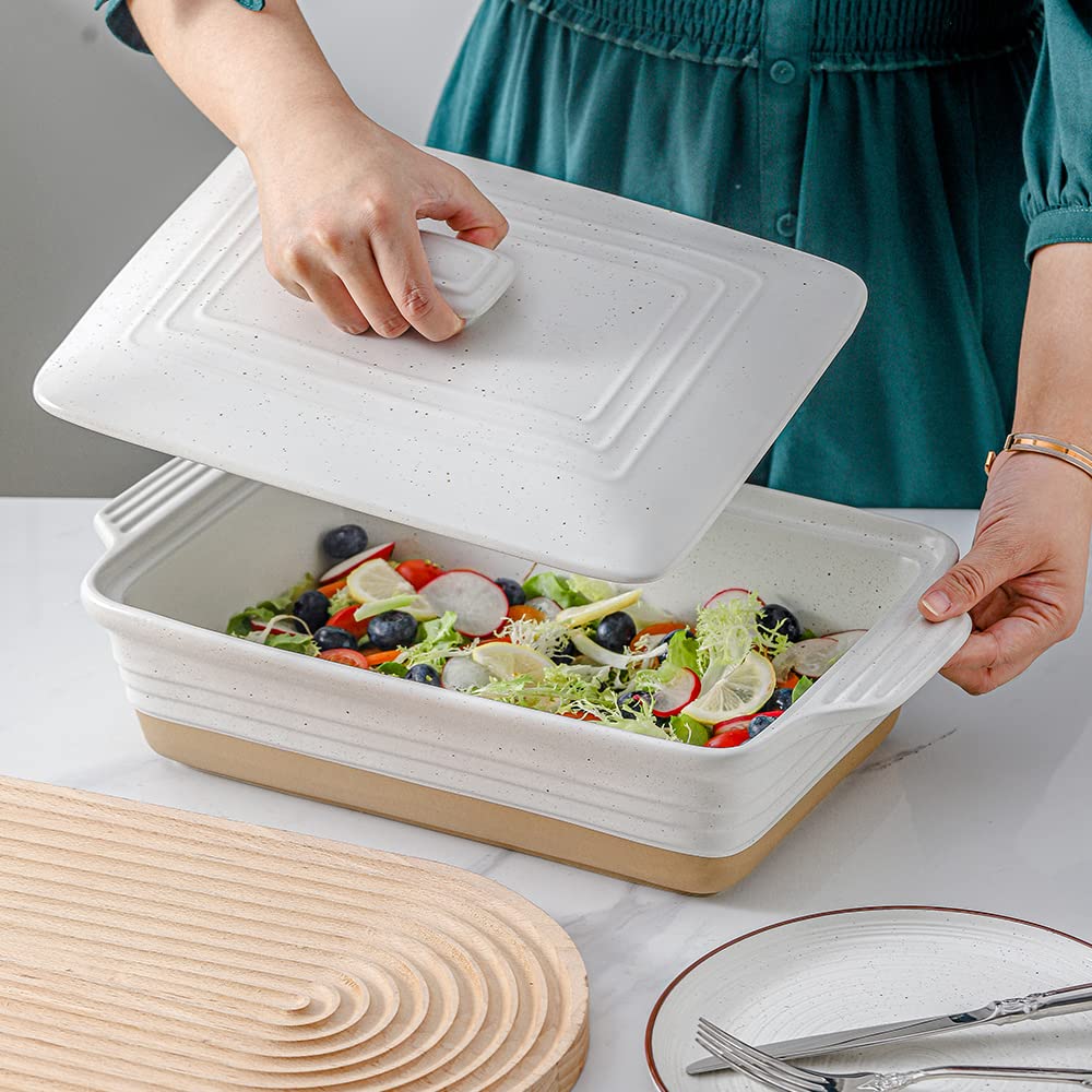 Ceramic Casserole Dish with Lid - Oven Safe, 9x13 Rectangular Baking Dish, 3.5 Quart, Farmhouse Style (White)