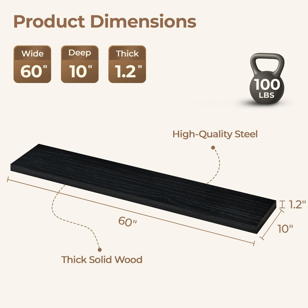 Long Wall Shelves 60 inch, Black Long Floating Shelf for Wall Set of 3, Large Shelves with Metal Brackets, Farmhouse
