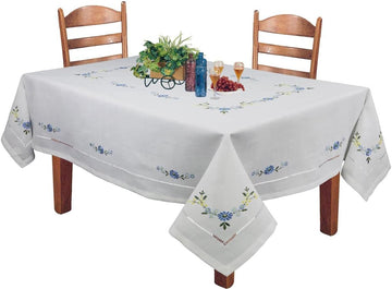 Hemstitched Embroidered Daisy Flower Tablecloth 70x140 Rectangular Table Cover White Blue