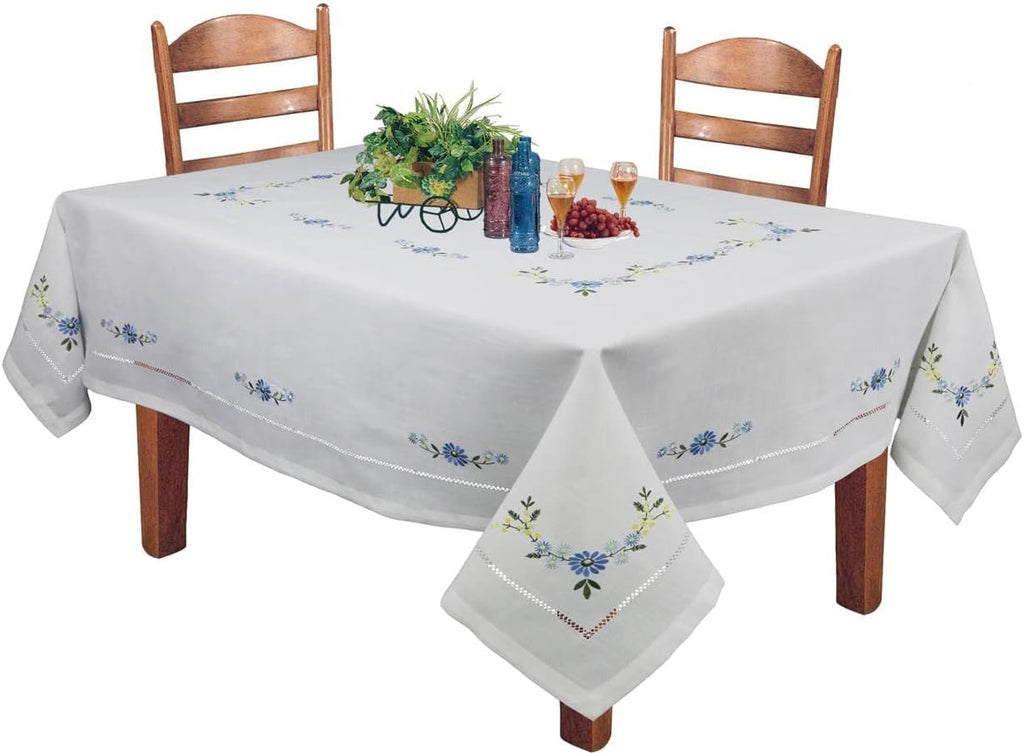 Hemstitched Embroidered Daisy Flower Tablecloth 70x104 Rectangular Table Cover White Blue