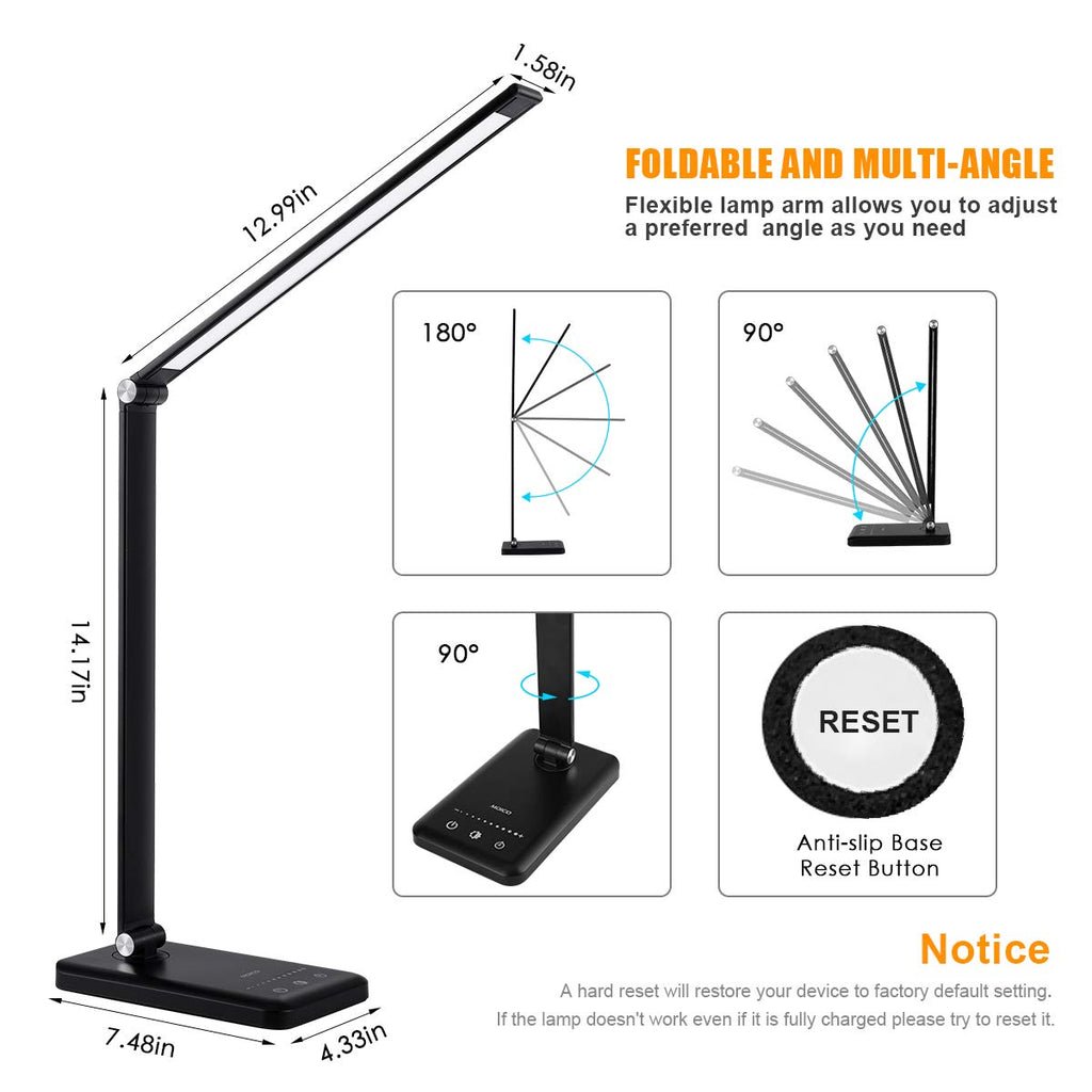 LED Desk Lamp, Desk Lamps with USB Charging Port and 3000mah Battery, Eye-Caring Table Lamp with 5 Color Modes and 5