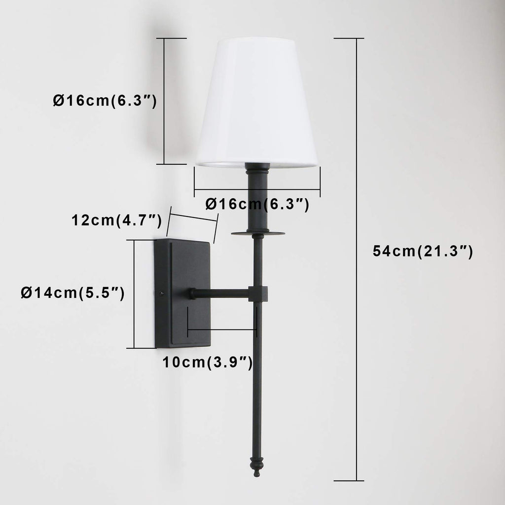 Set of 2 Classic Rustic Industrial Wall Sconce Lighting Fixture with Flared White Textile Lamp Shade and Black