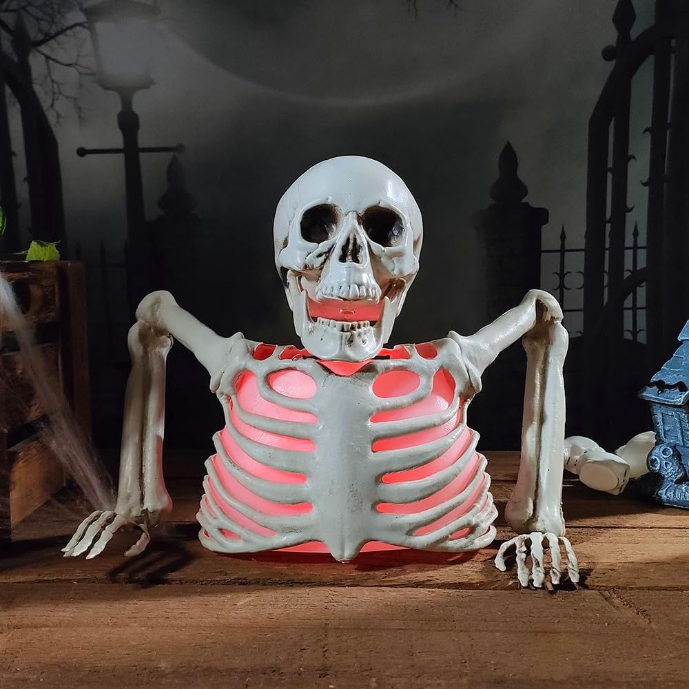 Halloween Skeleton Decorations with Colorful Light, Scary Groundbreaker Skull Stakes Lights for Halloween Graveyard