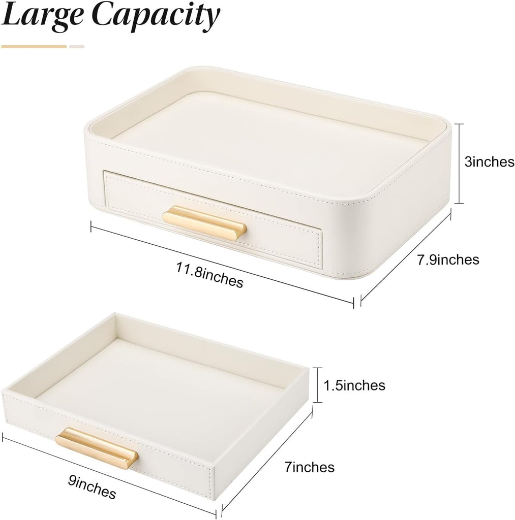 PU Leather Valet Tray with Drawer, Nightstand Organizer Catch All Tray for Jewelry Perfume Purse Trinket Key Holder