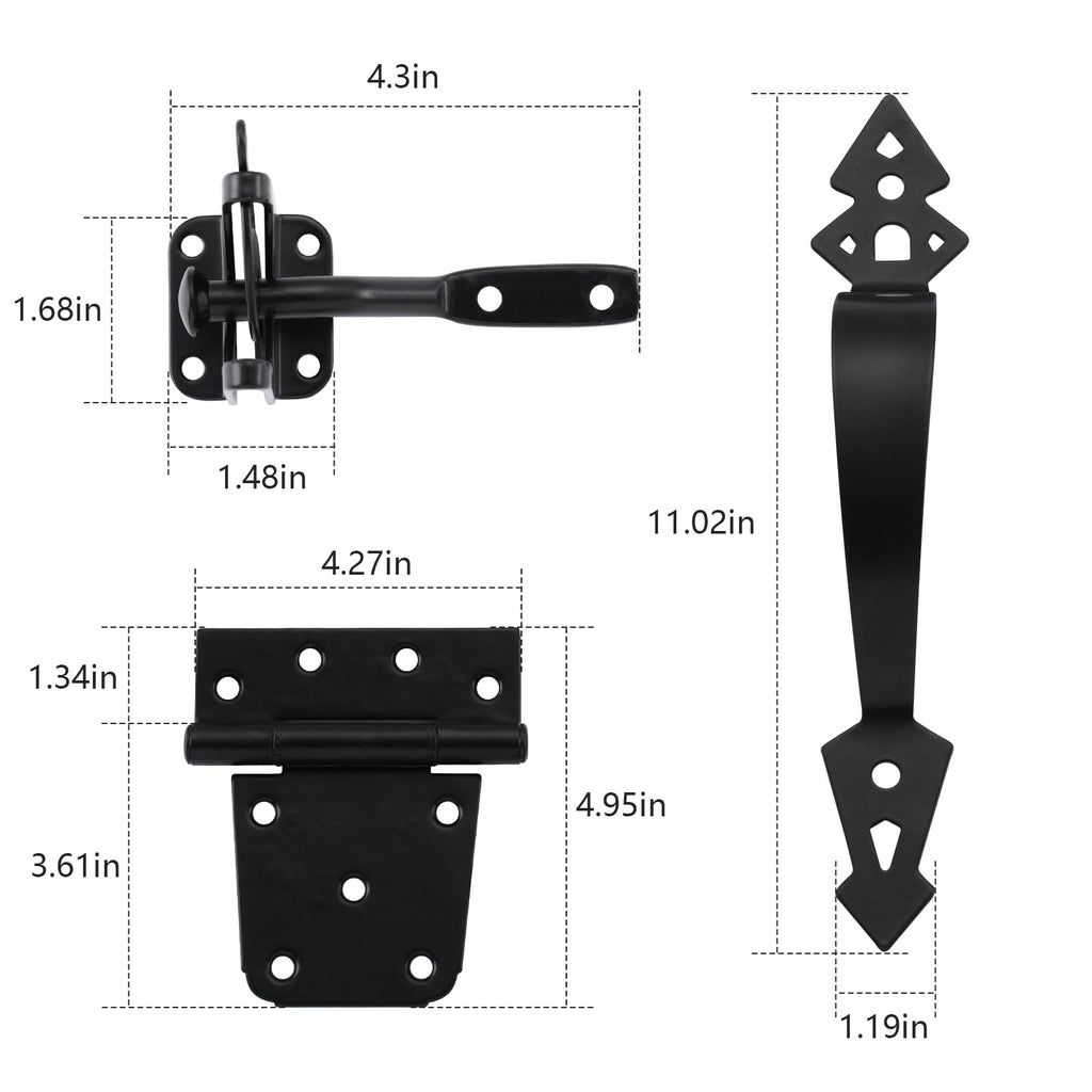 Fence Gate Hardware Kit, 3-1/2" Heavy Duty Gate Hinges, Latch and Handle
