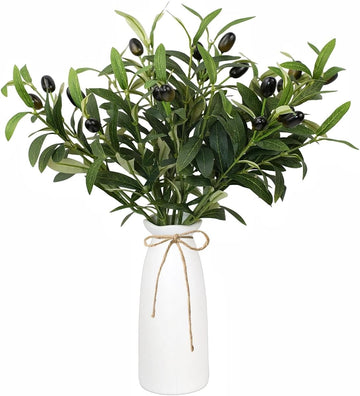 Artificial Plant Olive Branch in Vase, Faux Greenery Stems with Ceramic Vase, 16.9" Tall Olive Branches Fake - Set of 5
