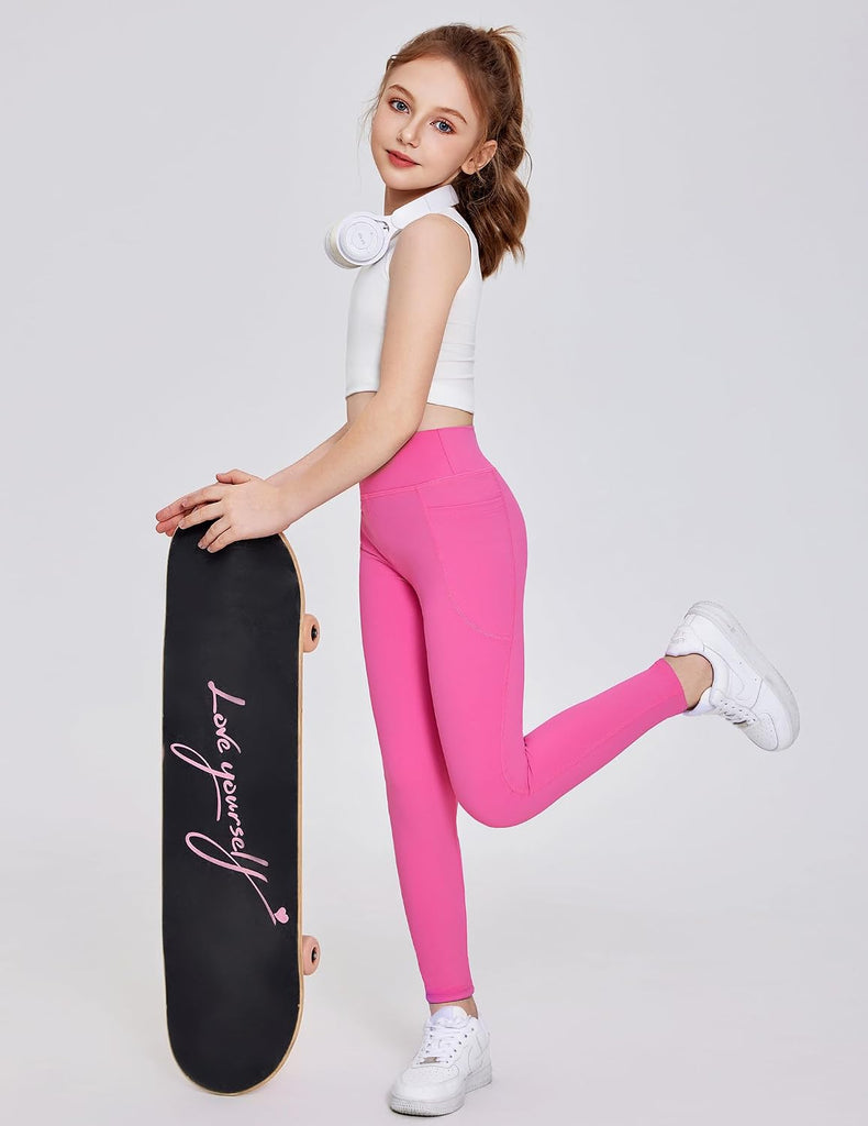 Girls Athletic Leggings Kids High Waist Yoga Pants with Pockets