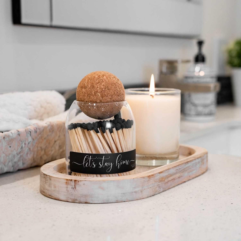 Let's Stay Home Cute Glass Match jar Cloche | Approx 135 Decorative Wooden Black tip Matches for Candles & décor